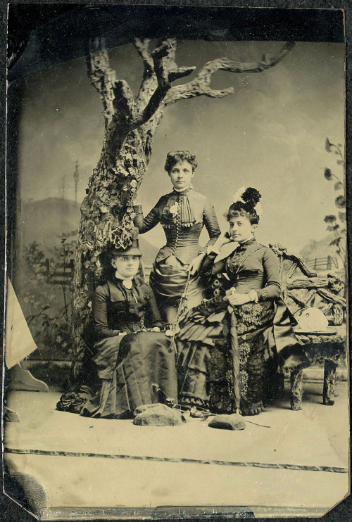 tuesday-johnson:ca. 1870-80s, [studio tintype portrait of three women, with a fabricated tree and wo