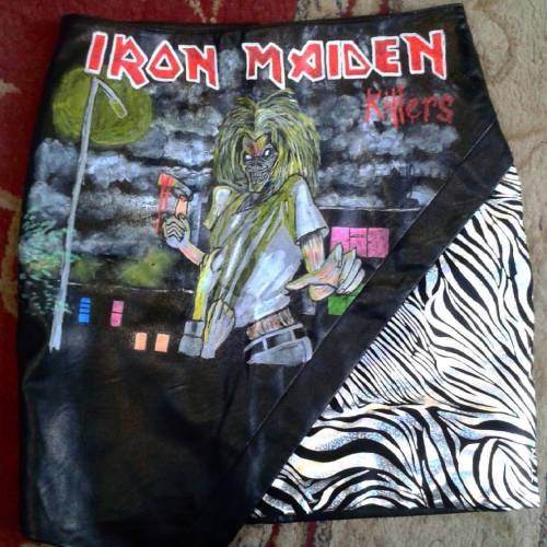 Iron Maiden vegan leather skirt handpainted by Bowsdontcry clothing. Available at @noirkennedyoffici