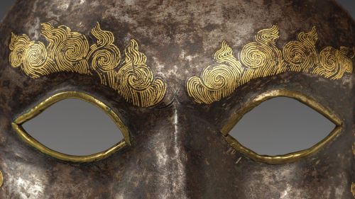 Tibetan War Mask, 14th–16th century,Iron, Gold, Copper AlloyDimensions: H. 7 11/16 in. (19.5 cm); W.