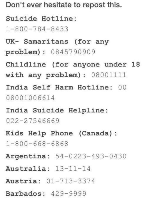 kimdaily:above is a list of suicide hotlines from around the world. please do not feel as though you