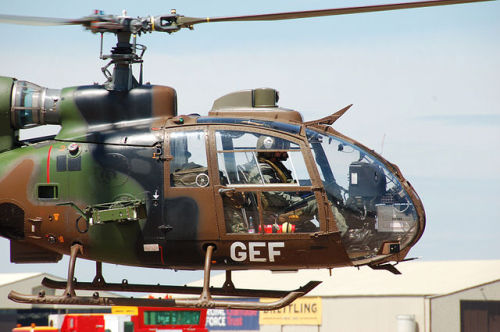 French Army (Armee de Terre) Aerospatiale AS 342L1 Gazelle (military code GEF) hover taxis to the ru