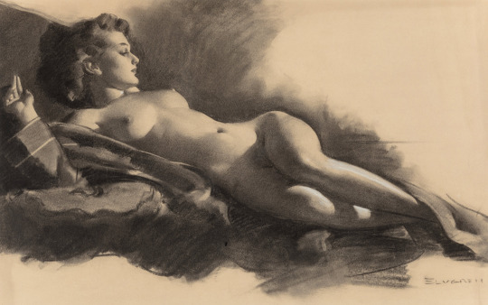 theamericanpin-up:Gil Elvgren - “Reclining Nude” Circa late 1940s - Brown & Bigelow Calendar Co.