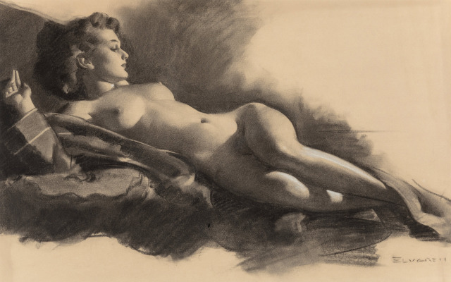 theamericanpin-up:Gil Elvgren - “Reclining Nude” Circa late 1940s - Brown & Bigelow Calendar Co.
