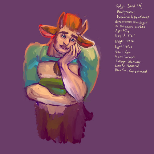 Day 49: Satyr Bard (M) Background: Research & Development Appearance: Flamboyant or outlandish c