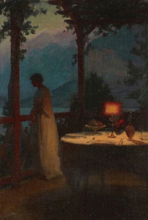 Jeune femme pensive sur une terrasse au clair de lune. Oil on Canvas. 27 x 19 cm. (10.62 x 7.48 in.)