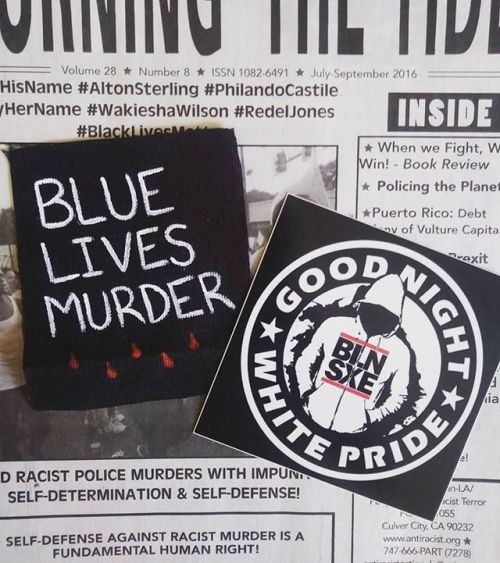 killcopscopskill: I’m doing a patch giveaway!  (1) Fuck Nationalism Patch made from a cut up Amerikan flag (1) Blue Lives Murder Patch (1) Goodnight White Pride Sticker Plus a handful of random stickers thrown in!  RULES:  -reblog/like this post