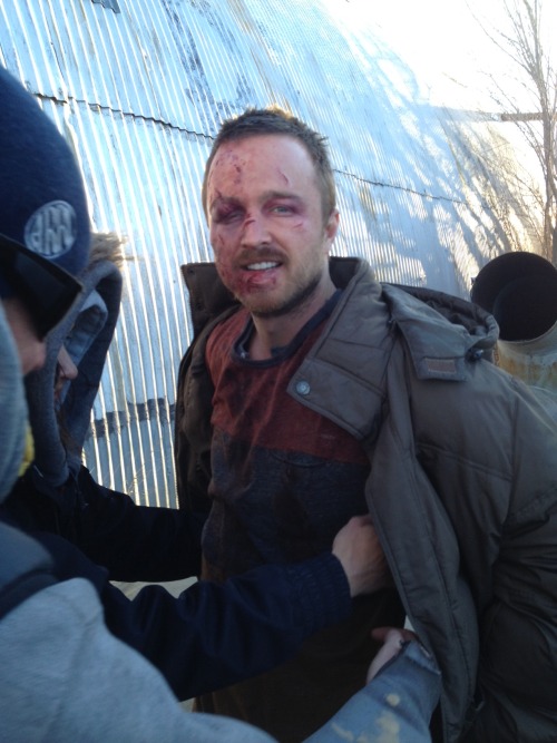 ohyeeeahman: Aaron Paul all busted up on set during the filming of S05E14 Ozymandias.  Photo cr