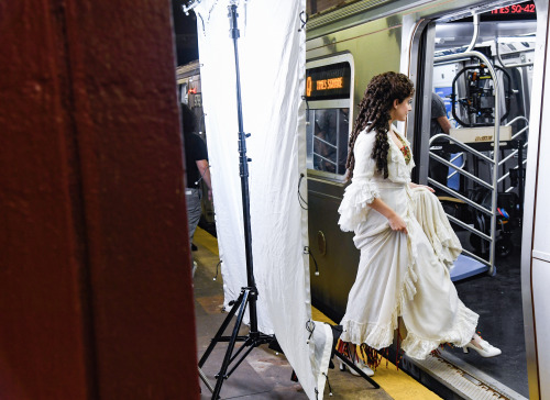 Paul Schaefer and Julia Udine behind the scenes for the MTA subway photoshoot.