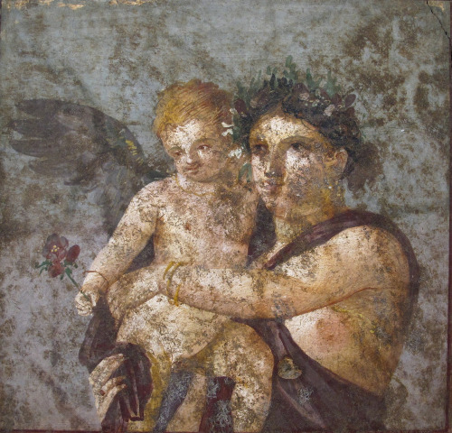 Maenad and cupid. Fresco from the House of Lucio Cecilio Giocondo, PompeiiNaples Archaeological Muse