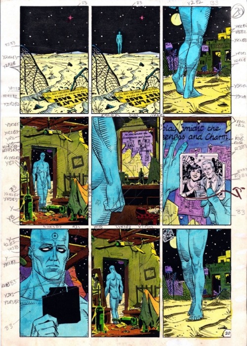 A hand-drawn page from WATCHMEN (with color guide), by comic book artist, John Higgins.