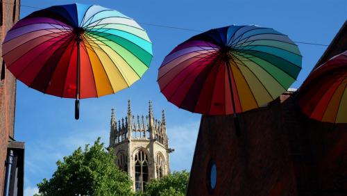 Rainbow Brolly Walk, York, England.Last year these brollies appeared as a celebration of York Pride.