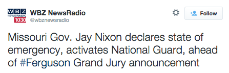 inixoq:  gelatinadeleche:  blackfemalepresident:  socialjusticekoolaid:  revolutionarykoolaid: BREAKING FERGUSON NEWS (11/17/14): Governor Jay Nixon, in advance of the Grand Jury decision for Darren Wilson in the death of Michael Brown, has declared a