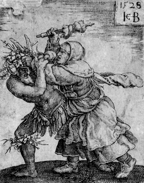 deathandmysticism:  Jacob Binck, Witch attacking the devil with a spindle, 1528