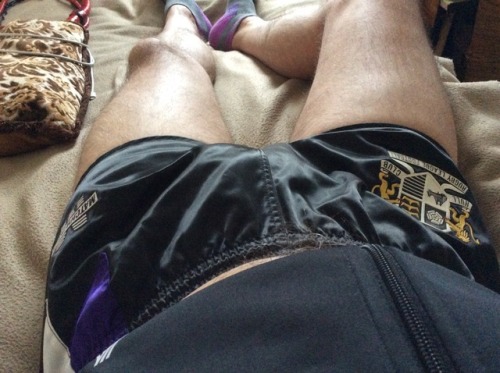 spankmyguyhard:Me in my shiny rugby league shorts. I hope you like them.