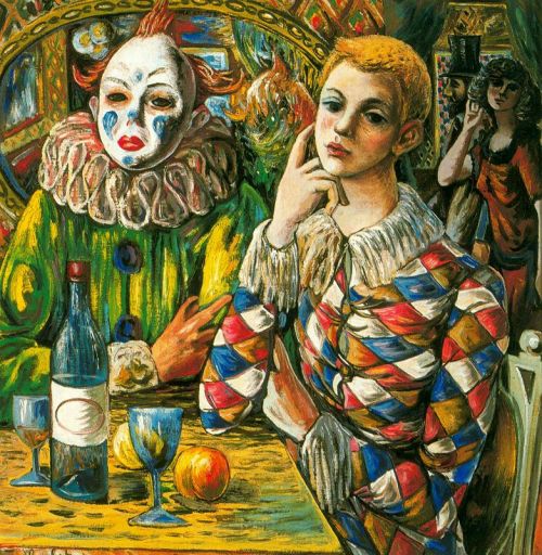 artist-zabaleta: Harlequin and clown with mask, 1942, Rafael ZabaletaMedium: oil,canvas