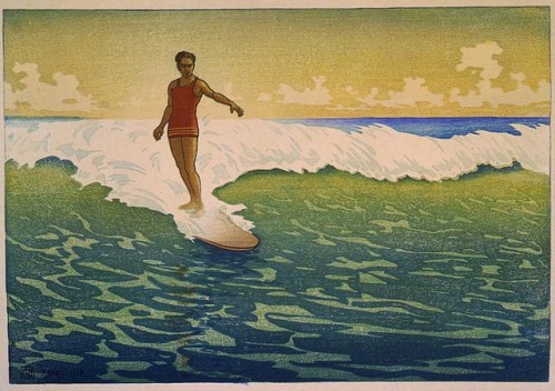 The Surf Rider, Duke Kahanamoku, Waikiki   -   Charles Bartlett, 1920.British, 1860-1940Colour woodb