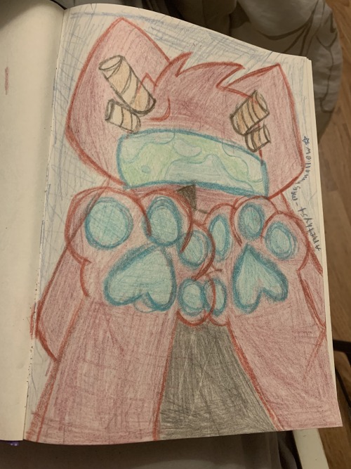 An anthro cross between a fox and dog, they have red fur with green highlights and are putting their paws in front of their face looking threatened