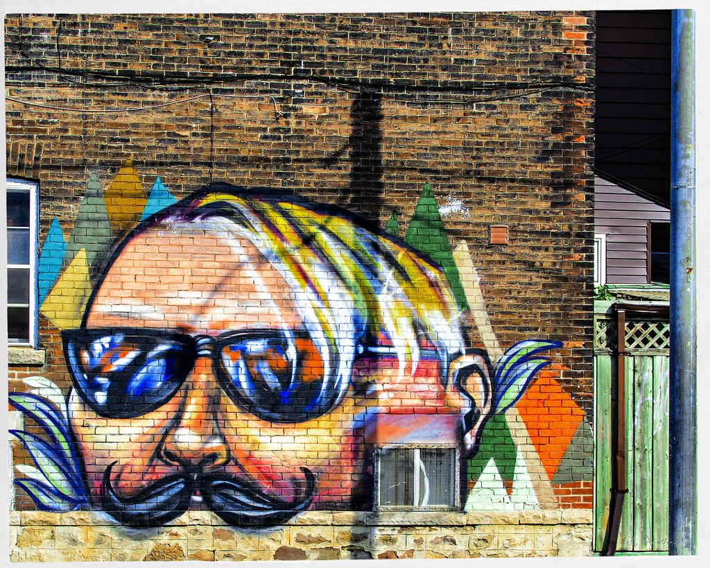 Mustache Rider -
Part of a mural on Dundas St West, Toronto. Actual title and artist unknown -
embiggen by clicking here:
http://ift.tt/1r1VrF1
I took this photo on September 20, 2014 at 10:39AM