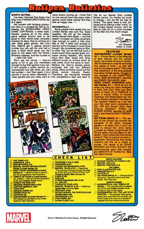 themarvelproject:Marvel Bullpen Bulletins and Check list for comics published in September 1984.