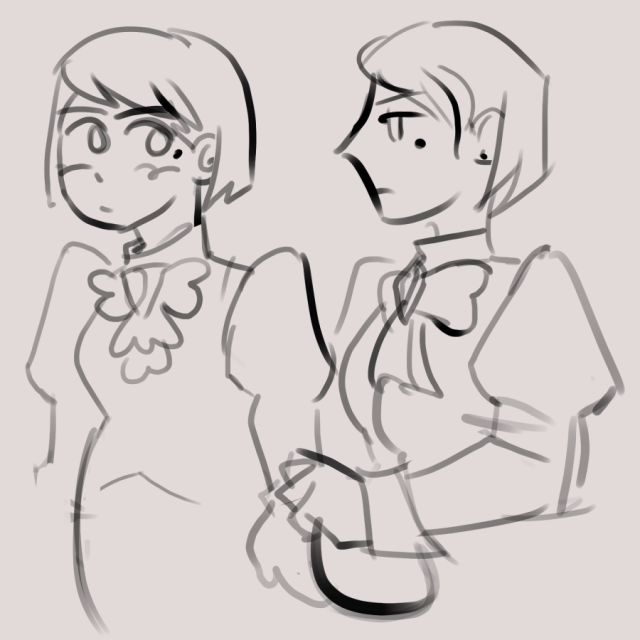 two uncolored halfbody sketches of a serious franziska with simplified, cute anime facial features.