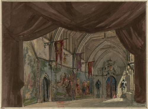 Esquisse de décor de théâtre pour la pièce Henri VIII, tableau 1.Dessin de Philippe Chaperon.(1823-1