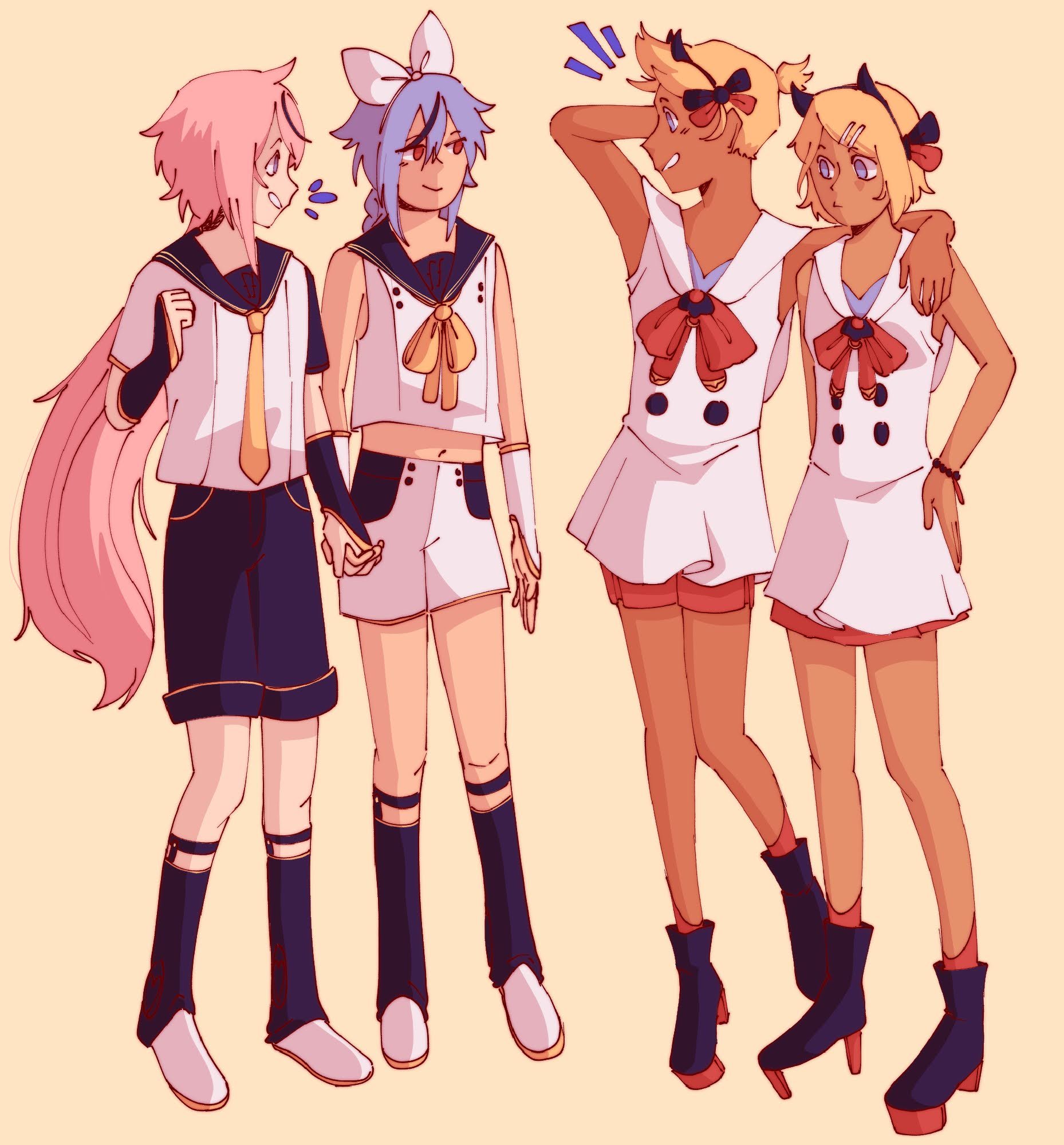 digital drawing of vocaloid characters. rin and len stand at one side, and meika hime and mikoto stand at the other. they have switched outfits