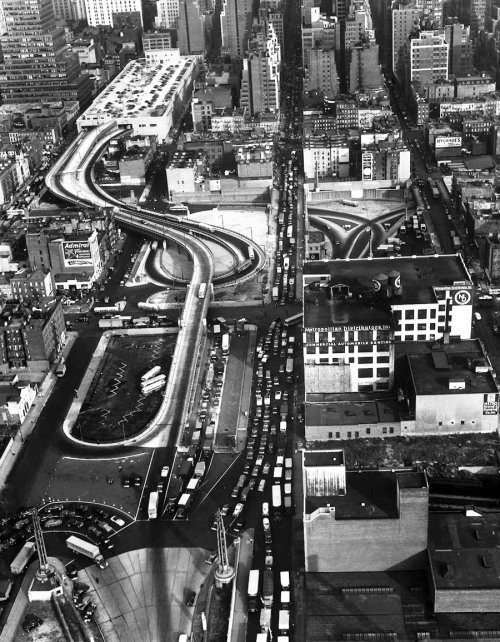 newyorkthegoldenage:A helicopter view of the Port Authority Bus Terminal with curving ramps leading 