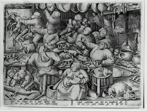 artist-bruegel: The Fat Kitchen, 1563, Pieter Bruegel the ElderMedium: ink,paper