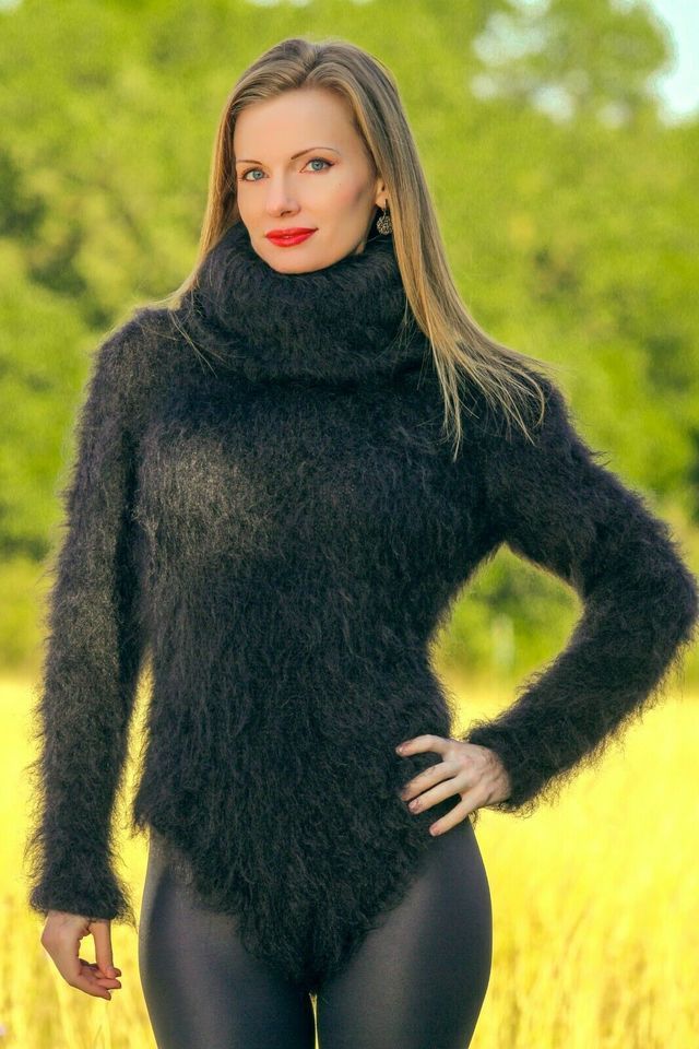 Black mohair bodysuit sweater fuzzy extra long turtleneck hand knit ...