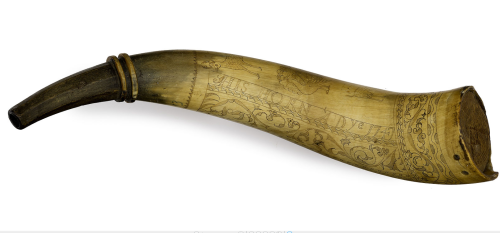 Scrimshaw engraved powder horn of Jeremiah Tinnan, circa 1747.