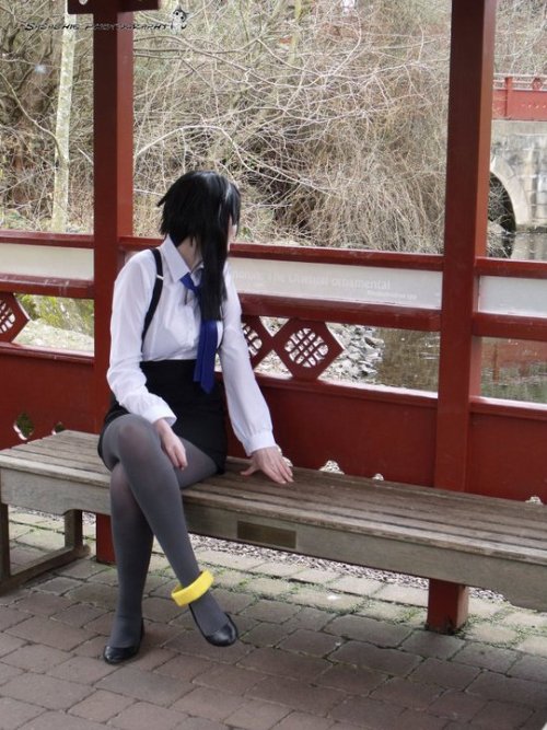 A nice Melfina cosplayer wearing the character’s signature grey pantyhose.