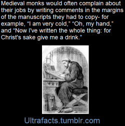 ultrafacts:    Medieval monks were the bored data entry workers of their day, spending hours copying manuscripts in uncomfortable chairs and cold rooms. To keep themselves entertained, they often made little doodles or silly comments in the margins of