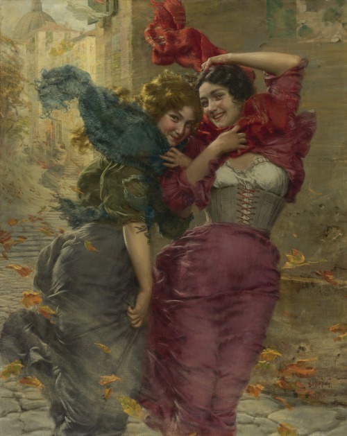 A windy day.Oil on Canvas.142.8 x 113.6 cm.Art by Gaetano Bellei.(1857-1922).