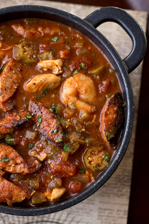 “Gumbo-laya” Stew with Spicy Sausage, Chicken and Shrimp with Okra over ...