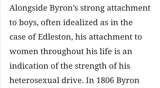 screenshot reading: Alongside Byron’s strong attachment to boys, often idealized as in the case of Edleston, his attachment to women throughout his life is an indication of the strength of his heterosexual drive.