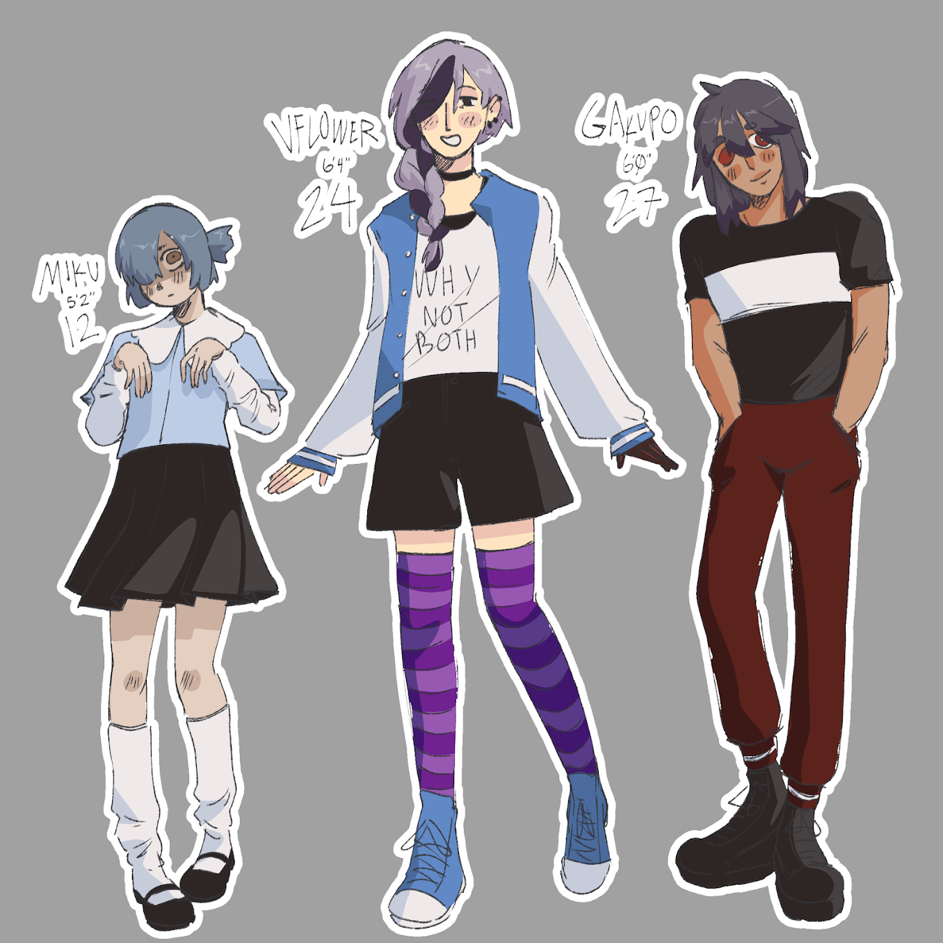 digital drawing of three characters. miku, who is 12, vflower who is 24, and gakupo who is 27