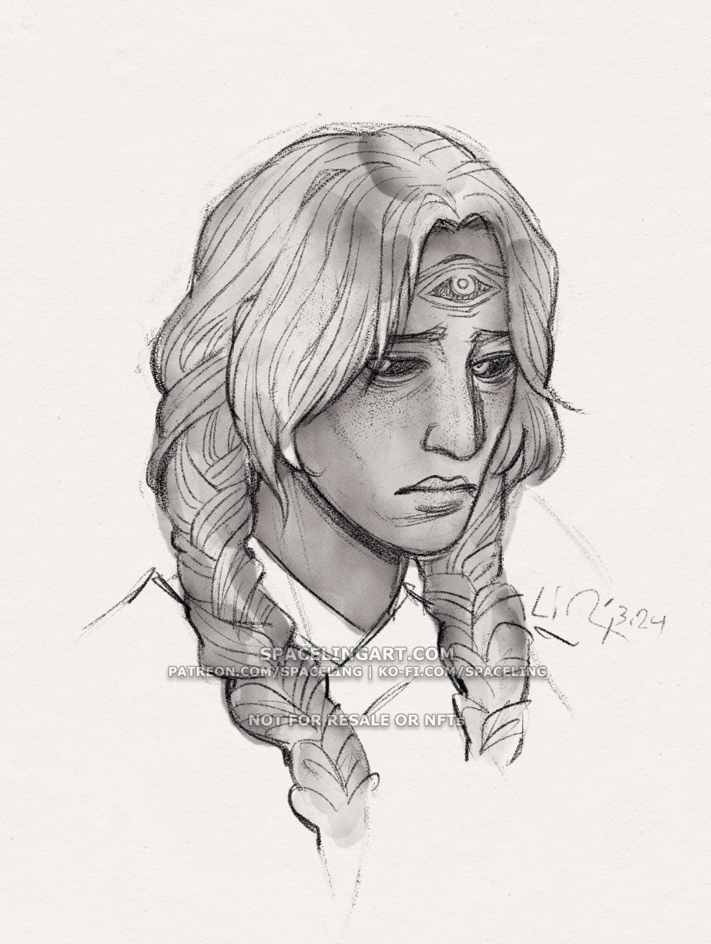 A digital pencil and watercolour sketch of a young forlorn woman with two braids. Her skin and hair are silver, and she has an eye tattooed on her forehead.