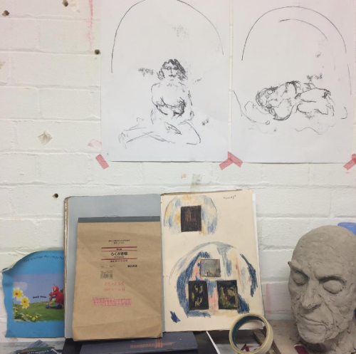 Studio space ! Doing some new monoprints about being curled up in my tent installation(more @ insta 