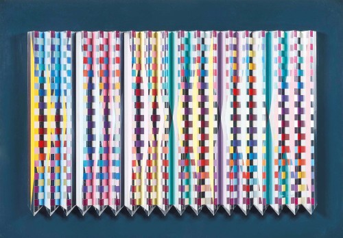 Yaacov Agam — Reflecting Space  (acrylic on metal relief mounted on panel, 1982)