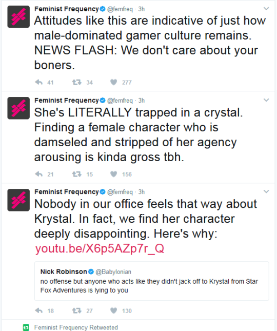 atrushb: rasec-wizzlbang:  chum-personable:  takingturnsatrandom:  oddbagel: While all of yall are over here freaking out over clown names, us twitter users have just been treated to Feminist Frequency calling out Nick Robinson of polygon for his tweet
