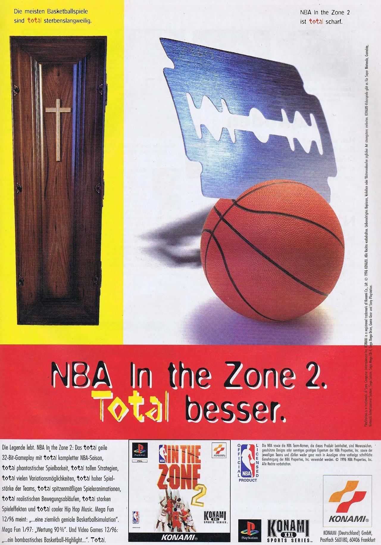 ‘NBA In the Zone 2 - “Totally Better”‘[PS1] [GERMANY] [MAGAZINE] [1997]
• MegaFun, February 1997
• Scanned by Jason Scott, via The Internet Archive
““Most basketball games are totally dull. ‘NBA In the Zone 2′ is totally sharp.” ”