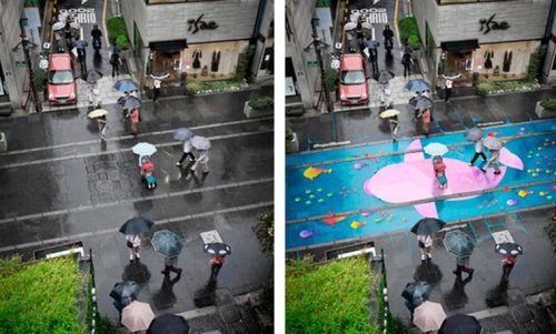 thatsthat24:  asylum-art-2:   Project Monsoon  Clever colorful street art that only appears when it rains  After the Superhydrophobic Street Art, which uses a superhydrophobic coating to create designs which appear only in the rain, here is the Project