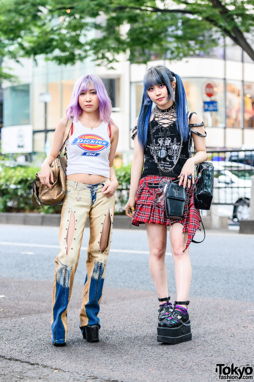 Gravure idol Ame and Japanese pop idol Roku on the street in Harajuku with colorful hairstyle and fa