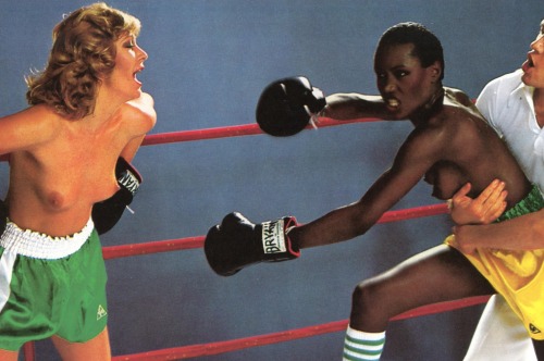 eroticaretro:African-American actress and fashion icon, Grace Jones, appearing with an unknown female model for Chic’s November 1976 pictorial, “French Boxing”.