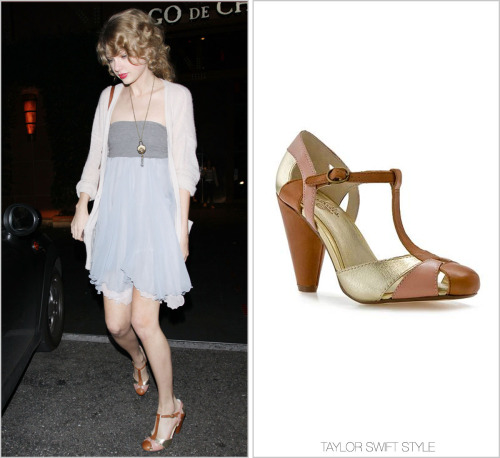 taylorswiftstyle:At Fogo de Chao | Beverly Hills, CA | April 7, 2011Seychelles ‘Countdown T-Strap Pu