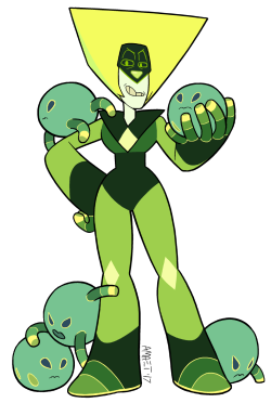 amaet: my era 1 peridot with her robonoids. they are spawned by her the same way the centipeetle mother spawns her “children”. they barf/spit the robonoid goop. in era 2 peridots the ability to spawn them was replaced by mass produced robonoids,