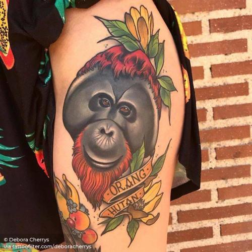 By Debora Cherrys, done in Getafe. http://ttoo.co/p/35752 animal;big;deboracherrys;facebook;healed;neotraditional;orangutan;other;primate;thigh;twitter