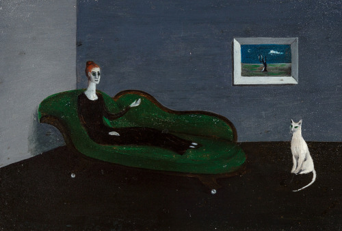 Gertrude AbercrombieUntitled (Countess Narone on Chaise with White Cat and Lonely Tree Painting), 19