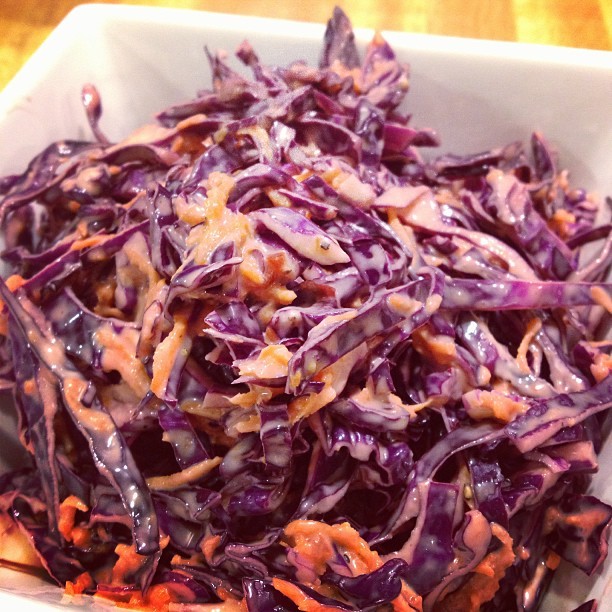 Asian inspired red cabbage slaw with sesame oil, rice wine vinegar, and other spices. #food #homecooking #vegetarian #vegetables #healthy