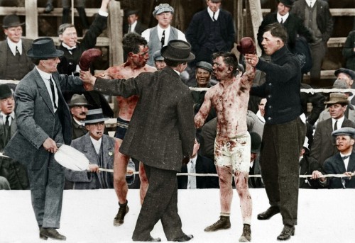 fuckthesememories:  A colorized photo of the aftermath of a 1920’s boxing match. 